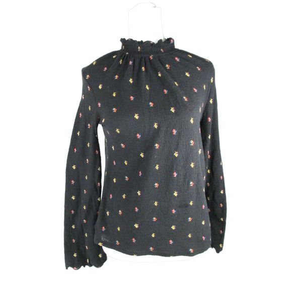 Madewell Texture&Thread Black Print Top Smocked Collar & Cuffs Cotton XS (B1-85) - Picture 1 of 9